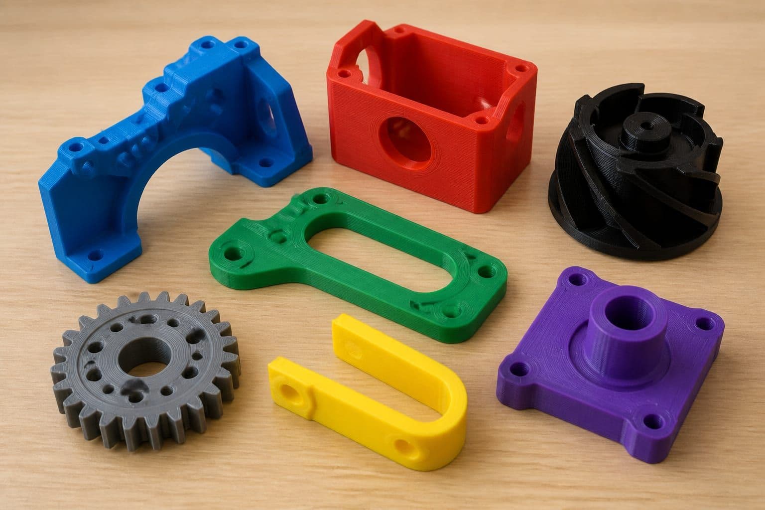 Tezgah üzerinde renkli 3D baskı parçaları ve filament makaraları